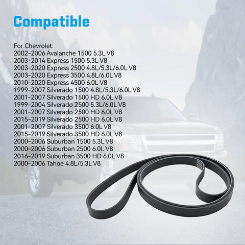 Top Tier EPDM Serpentine Drive Belt Compatible With Chevy Silverado, Suburban, Tahoe, GMC Sierra, Yukon And Cadillac Escalade