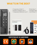 Box contents with Wireless Meat Thermometer With Smart Timer And App Control, probe, base, user manual, and cable.