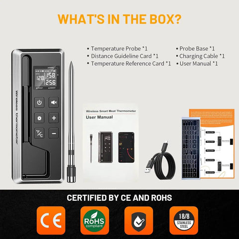 Box contents with Wireless Meat Thermometer With Smart Timer And App Control, probe, base, user manual, and cable.