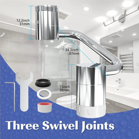 1080 Degree Swivel Robotic Arm Faucet Aerator Extension Attachment for Bathroom and Kitchen with three swivel joints and measurements