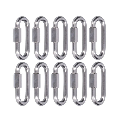 Image of a 10 Pack Quick Link Connectors built from 304 stainless steel for outdoor gear, threaded carabiners ideal for camping and boating.