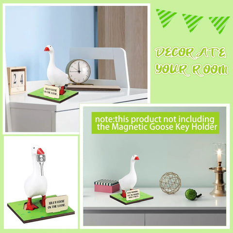 Display of Magnetic Goose Key Holder With Wooden Base Interchangeable Signs and Writable Chalk Signs, goose not included.