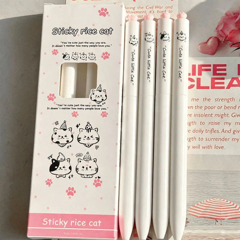 Dope Cute Twistable Cat Paw Pens Set 0.5mm Black Gel Ink Smooth Writing Kawaii Cartoon Kitten Pens box and pens displayed