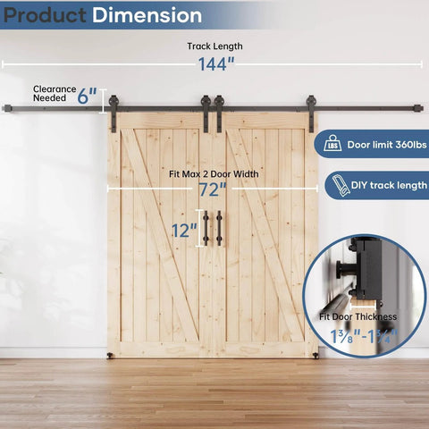 Double Door Sliding Barn Door Hardware Track Kit With Wall Mount And Industrial Spoke Wheel Black Finish, 144 Inch