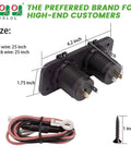 Golf Cart Cigarette Lighter Outlet With Quick Charge 3.0 USB Charger Waterproof 12V Input Power Socket Dual USB Ports Panel Mount Adapter Universal For EZGO Club Car Yamaha Models, showing dimensions and included components.