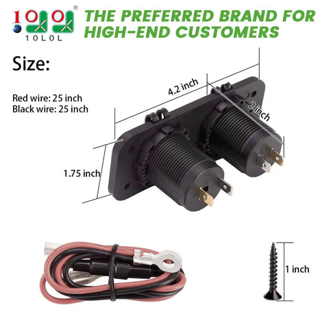 Golf Cart Cigarette Lighter Outlet With Quick Charge 3.0 USB Charger Waterproof 12V Input Power Socket Dual USB Ports Panel Mount Adapter Universal For EZGO Club Car Yamaha Models, showing dimensions and included components.