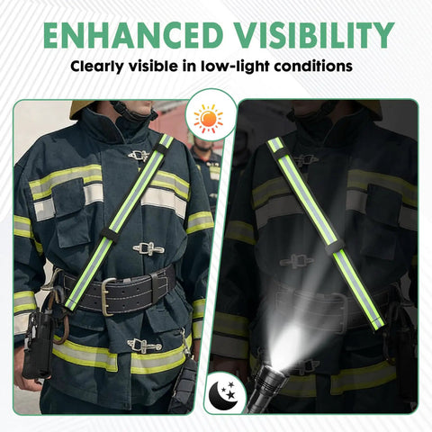 Firefighter wearing radio strap with reflective adjustable shoulder mic clip, visible in daylight and low-light conditions with flashlight.