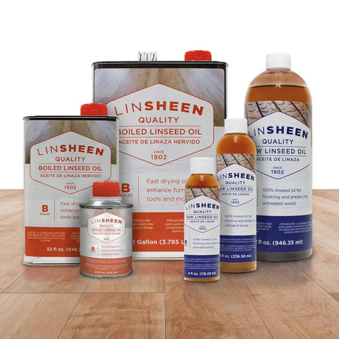 Fast Drying Boiled Linseed Oil For Wood Care, various container sizes displayed on wooden floor