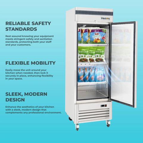 Top Shelf One Door Reach In Freezer Packing 23 Cubic Feet Of Roomy Cold Storage Built Tough For Hustling Commercial Kitchens with flexible shelves and stainless finish.