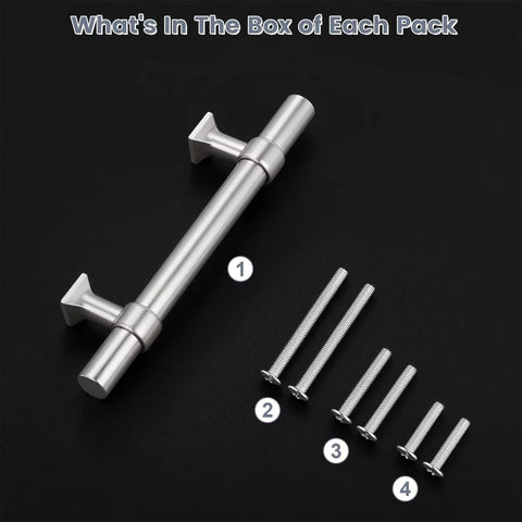 5 Pack 3 Inch Brushed Nickel Cabinet Pulls Stainless Steel T Bar Handles with screws on black background