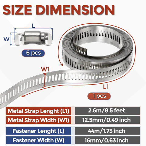 Heavy Duty Stainless Steel Hose Clamp Strap With Six Quick Grip Fasteners For Zero Hassle Adjustments And Rock Tight Pipe Seals That Make Every DIY Job A No Sweat Experience, showing dimensions and materials.