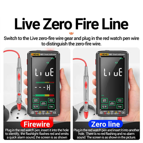 All In One Digital Multimeter With NCV Tester 6000 Counts Large VA Reverse Display showing fire and zero line test