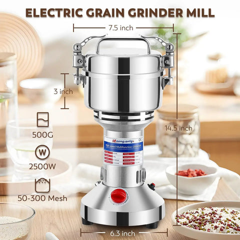 Powerhouse 2500W Electric Grain And Spice Grinder Mill with 110V 50 to 300 Mesh Stainless Steel Pulverizer on kitchen counter