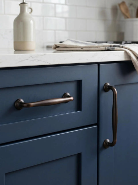 Oil Rubbed Bronze Cabinet Pulls with 5 Inch Hole Centers, 6 Pack on blue kitchen drawers, spindle style handles