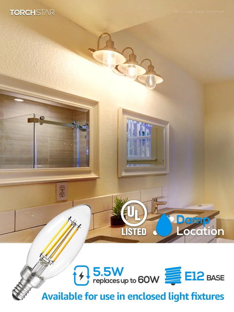Dimmable E12 LED Candelabra Bulb 60W Equivalent Vintage Chandelier Light Bulbs C11 Filament In Clear Glass 2700K Soft White