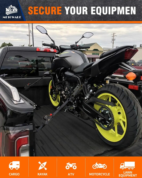 Image of Heavy Duty Retractable Ratchet Straps 4 Pack One Inch By Ten Feet Black securing a motorcycle in a truck bed.