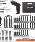 Easy Grip Cordless Electric Screwdriver With Bright Led Work Light And Rapid Usb Charging Solid Rechargeable Power Drill Kit With 47 Bits, showcased with various bits and charging cable.