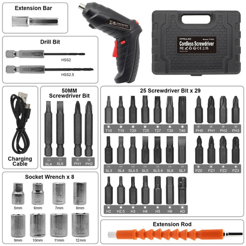 Easy Grip Cordless Electric Screwdriver With Bright Led Work Light And Rapid Usb Charging Solid Rechargeable Power Drill Kit With 47 Bits, showcased with various bits and charging cable.
