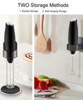Electric Handheld Milk Frother With Stand For Coffee At Home, Milk Foamer And Mini Mixer For Frappe, Latte, Cappuccino And Matcha, Battery Operated Blender Frother That Keeps Counters Clean And Fresh, shown in bracket and wall-mounted storage options.
