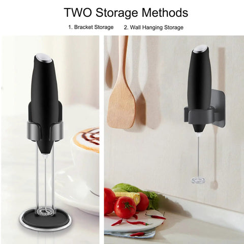 Electric Handheld Milk Frother With Stand For Coffee At Home, Milk Foamer And Mini Mixer For Frappe, Latte, Cappuccino And Matcha, Battery Operated Blender Frother That Keeps Counters Clean And Fresh, shown in bracket and wall-mounted storage options.