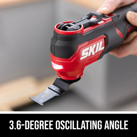Close-up of Heavy Duty 20V Brushless Cordless Oscillating Multi Tool Kit showing 3.6-degree oscillating angle and blade attachment.