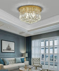 Modern K9 Crystal Raindrop Chandelier Ceiling Light With Brass Canopy, 9 Light Flush Mount in living room setting