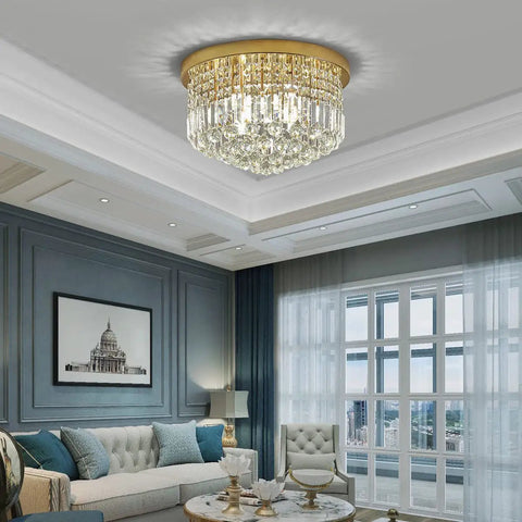 Modern K9 Crystal Raindrop Chandelier Ceiling Light With Brass Canopy, 9 Light Flush Mount in living room setting