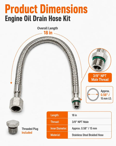 Heavy Duty 3/8 Inch NPT Engine Oil Drain Hose Kit With 18 Inch Extension For Easy Fluid Transfer During Quick Car Maintenance And Routine Service Sessions, 18 in braided steel hose