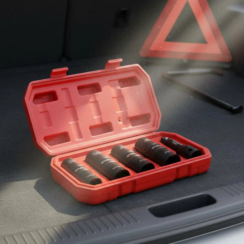 Heavy Duty 5 Piece Tire Socket Wrench Set For Lug Nut Removal With 12 Inch Drive Adapter Double Ended Chrome Molybdenum Steel Kit in red case