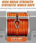 Heavy Duty 3500 Lb ATV Winch With Synthetic Rope And Wireless Remote showing 40ft synthetic winch rope with a metal hook.