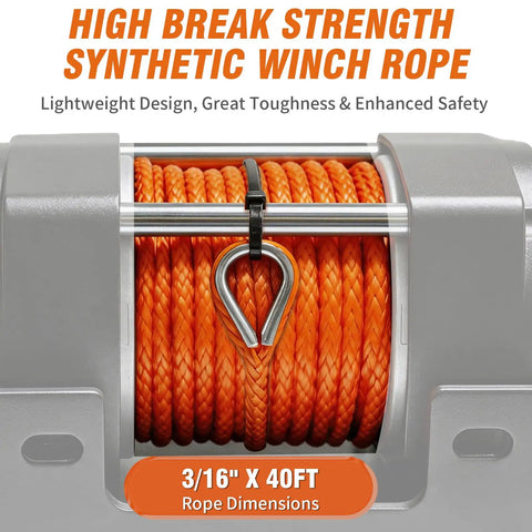 Heavy Duty 3500 Lb ATV Winch With Synthetic Rope And Wireless Remote showing 40ft synthetic winch rope with a metal hook.
