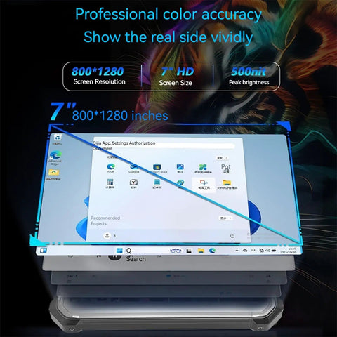 Knucklebuster Proof Rugged 7 Inch Industrial Tablet With Windows 11 Pro showing 800x1280 resolution and app interface.