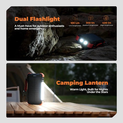 Beast Power Bank 20000mAh with built-in cables, dual flashlight feature for outdoor use at night, solar charger on table