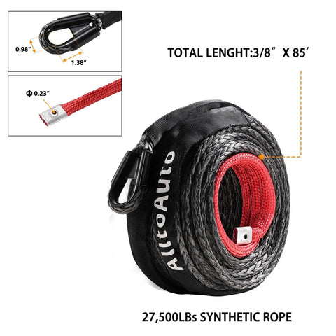 3/8 Inch Dyneema Winch Rope 85 Feet 27,500 Lb Heavy Duty UHMWPE Synthetic Cable With Protective UV Resistant Sleeve Black Gear