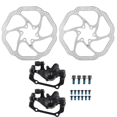 Heavy Duty Universal Mechanical Disc Brake Kit has Front and Rear Calipers plus Dual 160 mm Rotors for Mountain Bikes