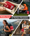 Senvok 121 Pcs First Aid Kit red pouch; shown in car, camping, hiking, and travel scenes.