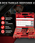 49 Piece Thread Repair Tool Set For Chasing And Restoring SAE And Metric Threads in red case with visible tools and chart