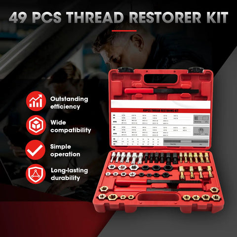 49 Piece Thread Repair Tool Set For Chasing And Restoring SAE And Metric Threads in red case with visible tools and chart