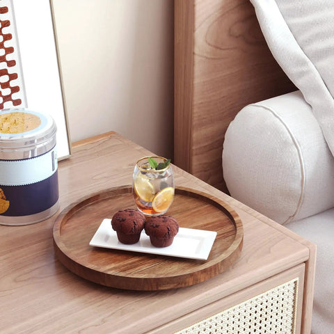 Acacia Wood Lazy Susan Turntable Organizer for Kitchen Cabinets and Pantry Rotating Spice Rack on table with muffins and drink