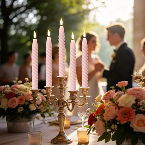Pink Flameless Taper Candles Real Wax With Remote Timer 6 Pack 9.8 Inch LED Spiral 3D Wick on elegant dinner table