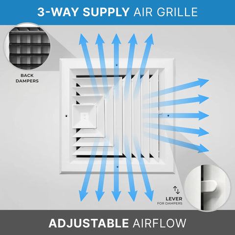 Adjustable 3 Way Air Diffuser Vent Cover For Ceiling Duct Opening 10x10 Inlet Fit Rust Proof Aluminum Grill with airflow control