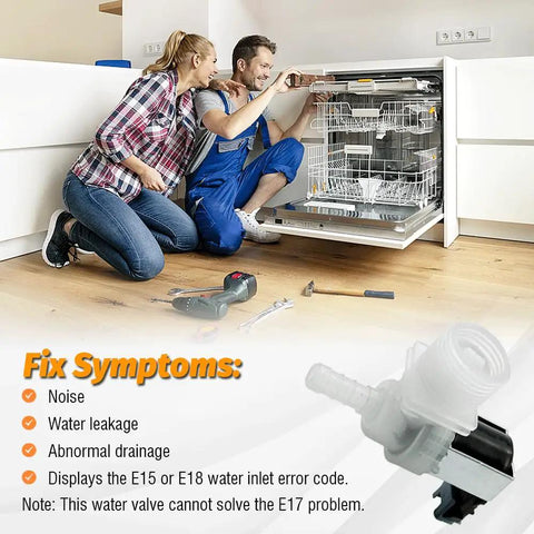 Technician installing OEM Dishwasher Water Inlet Valve 628334 Replacement, fixes E15 error codes, quiet operation, durable build.