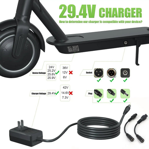29.4V Compact Electric Scooter Charger UL Certified Dope Fast Charge With 3 Universal Plugs For 24V 25.2V 25.9V Lithium Batteries Compatible With Jetson Gotrax Razor And More Hoverboards Ebikes Escooters
