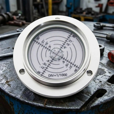 Amagogo 80mm Flange-Mounted Spirit Level on a workbench, showcasing clear face and circular design for precise equipment setup