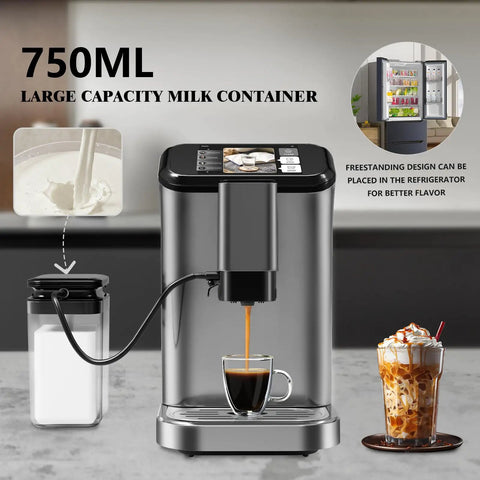 Super Automatic Espresso Machine Packs 20 Bar Pressure And Built In Conical Burr Grinder To Brew Smooth Lattes And Cappuccinos No Sweat Daily Routine, showing milk container and coffee brewing.