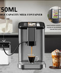 Fully Automatic Espresso Machine Drops Creamy Lattes And Rich Cappuccinos Faster Than Your Morning Commute With A Built In Conical Burr Grinder One Touch Frother And Solid Twenty Bar Pressure In Matte Grey with milk container.