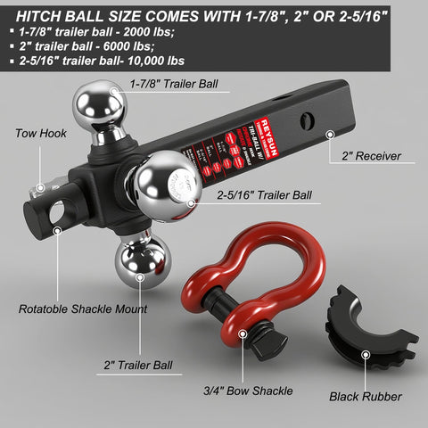 Tri Ball Trailer Hitch Mount With Swivel Tow Shackle And Hook For 2 Inch Receiver Chrome Trailer Balls In 1-7/8 Inch 2 Inch And 2-5/16 Inch Sizes Go To Heavy Duty Gear With 5/8 Inch Hitch Pin showing components and features