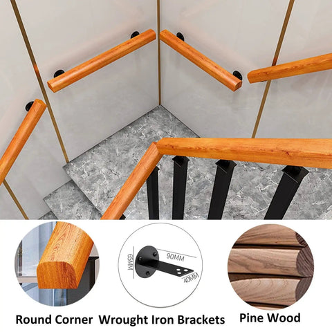 Heavy Duty Metal Railing Kit With Square Balusters And Tubular Posts For Decks Porches And Indoor Stairs, Pine wood handrails with wrought iron brackets.