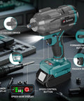 Professional Cordless Impact Wrench 1/2 Inch Brushless Motor 950 Ft Lbs with LED light and speed control features.
