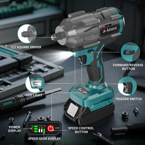 Professional Cordless Impact Wrench 1/2 Inch Brushless Motor 950 Ft Lbs with LED light and speed control features.